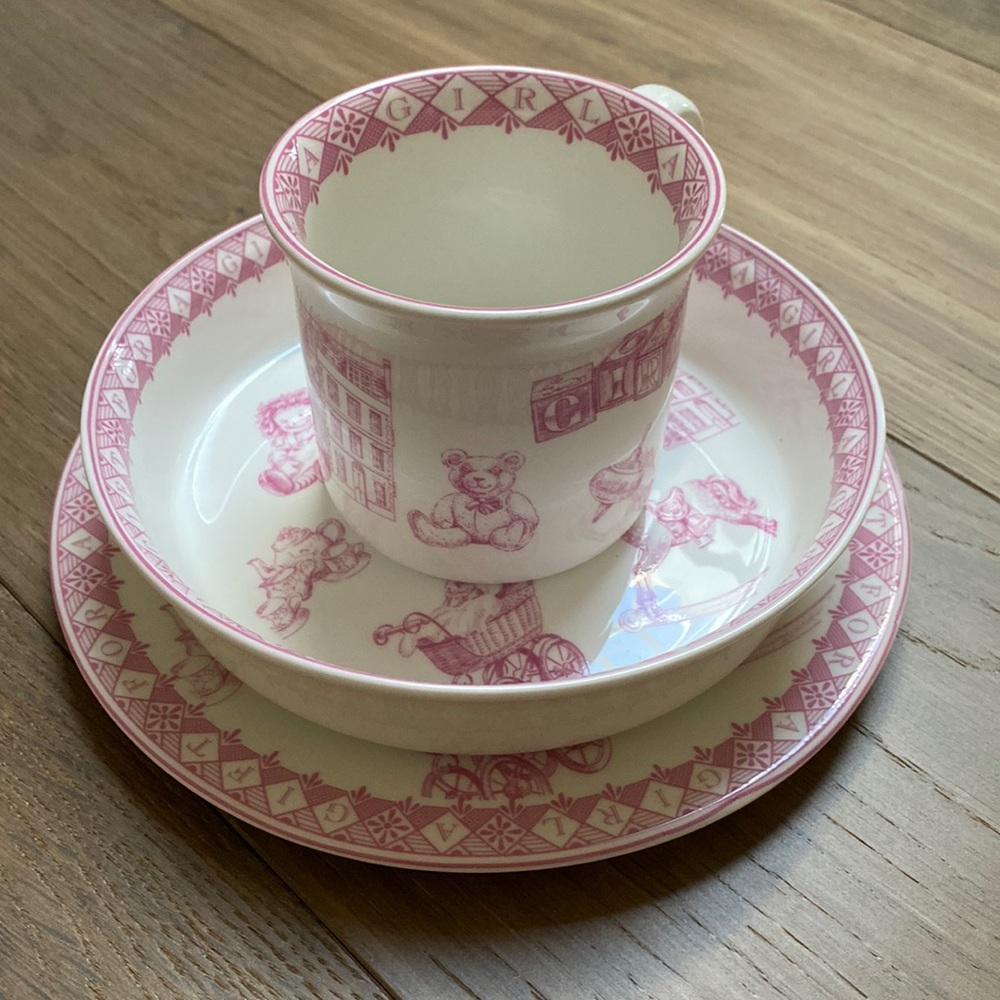 Set of 3 - Queen's China "A Gift for a Girl" baby china set. Cup, bowl, plate.